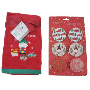Home Wear Hand Towels & 6 PCS Bag Clips Adult's Home Gnome Holiday New Christmas
